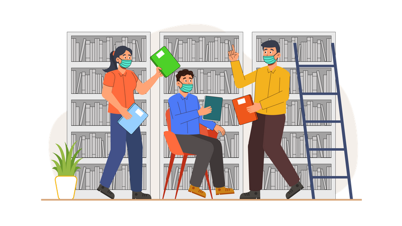 People Wearing Mask in library  Illustration