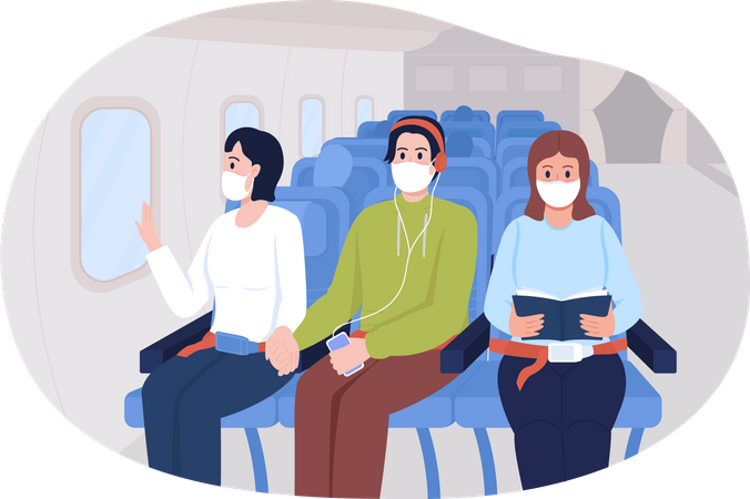 People wearing mask inside aeroplane  Illustration