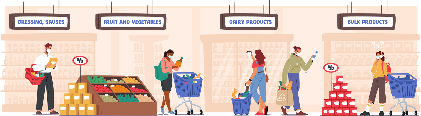 People wearing mask shopping at supermarket buying products  Illustration