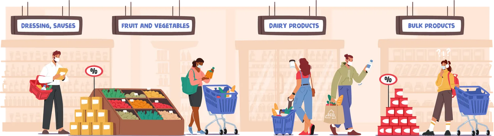 People wearing mask shopping at supermarket buying products  Illustration