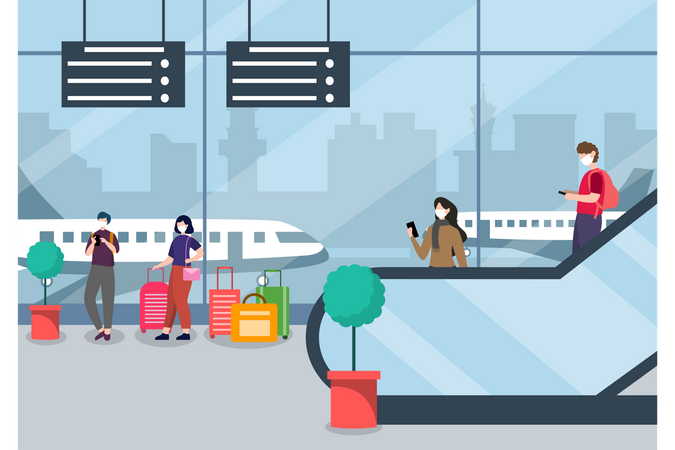 People Wearing Masks Standing at the Airport Illustration