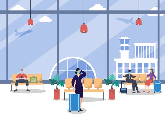 People Wearing Masks While Waiting at the Airport Illustration