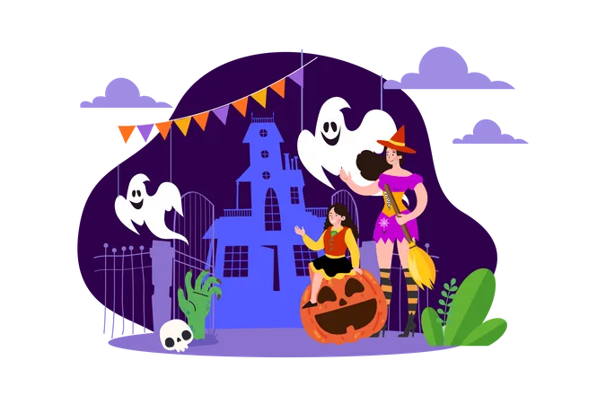 People wearing scary Halloween costume Illustration