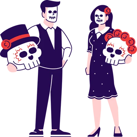 People wearing sugar skull face makeup and costumes Illustration