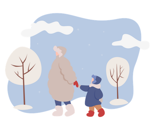 People wearing winter clothes walking on snow  Illustration