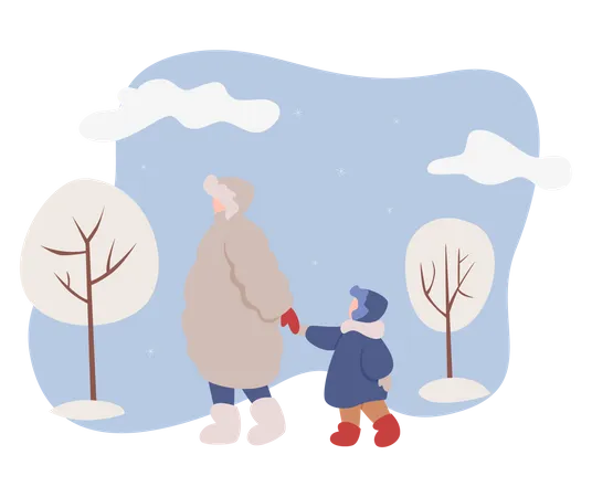 People wearing winter clothes walking on snow  Illustration