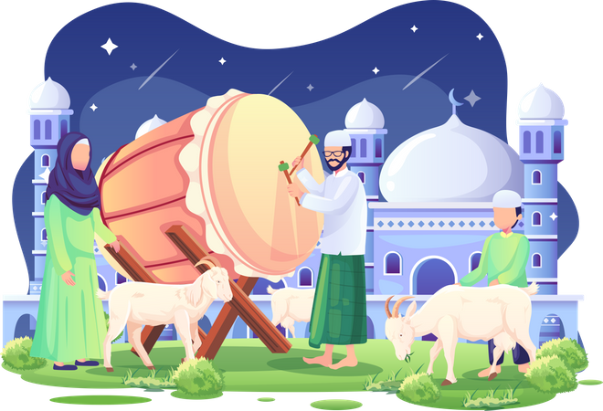 People welcome Eid al Adha with a bedug  Illustration