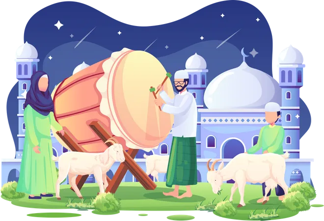 People welcome Eid al Adha with a bedug  Illustration