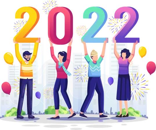 Group Of Young People Raise Each Number 2022 To Celebrate The New Year Vector Illustration Illustration