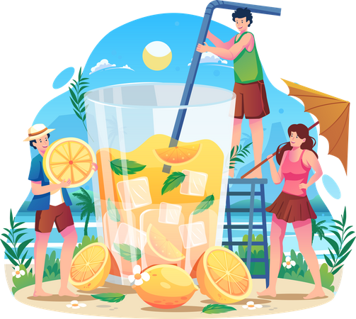 People with a huge cocktail summer drink  Illustration