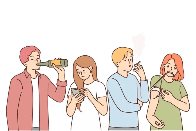 Group Of People With Bad Habits Suffer From Alcohol Addiction And Use Drugs Concept Of Social Problems And Harmful Addiction In Society Caused By Poverty Or Unemployment Among People Illustration