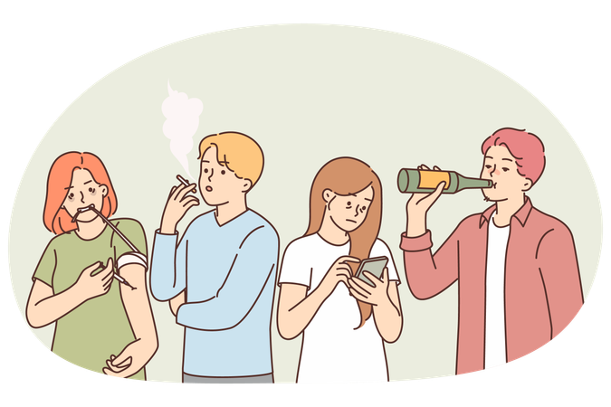 나쁜 습관을 가진 사람들은 알코올 중독에 시달리고 사회적 문제를 위해 약물을 사용합니다.  일러스트레이션