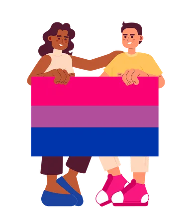 Attractive People With Bisexual Pride Flag Semi Flat Color Vector Characters LGBT Community Editable Full Body People Share Support On White Simple Cartoon Spot Illustration For Web Graphic Design Illustration