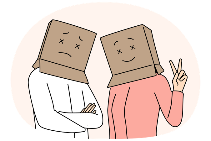 People with cardboard boxes on heads look at screen with sad or cheerful emotions  Illustration