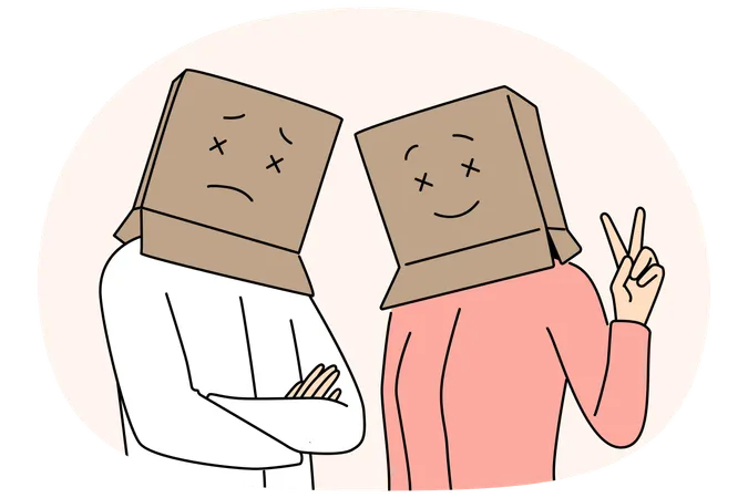 People with cardboard boxes on heads look at screen with sad or cheerful emotions  Illustration