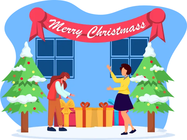 People with Christmas gift  Illustration