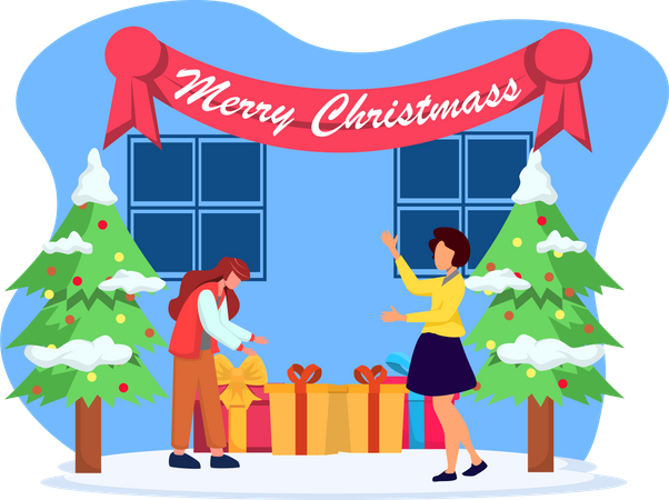 People with Christmas gift  Illustration