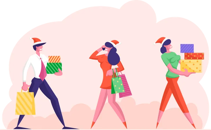 Happy People In Formal Wear And Sana Hats Carry Gift Boxes Walking To Corporate Party Celebration Business Characters Christmas Men Women Buying Presents On Holidays Cartoon Flat Vector Illustration Illustration