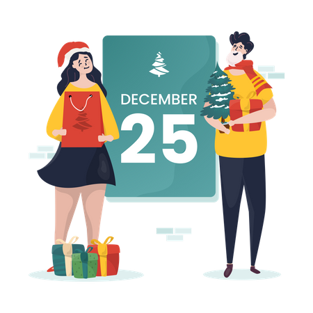 People with Christmas gifts Illustration