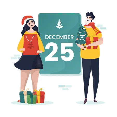 Couple Get Ready For Jolly Christmas Illustration For Greeting Post Illustration