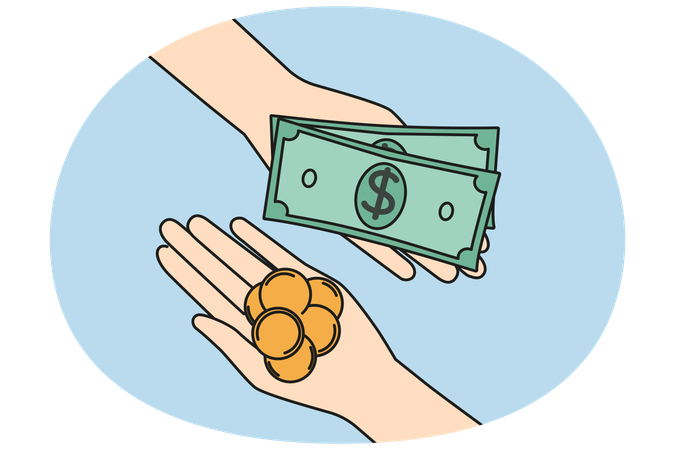 People with coins and banknotes involved in currency exchange  Illustration