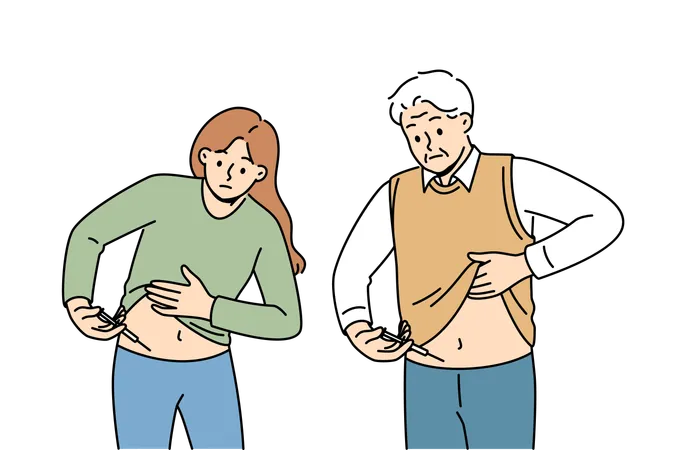 People With Diabetes Inject Insulin Into Stomach To Lower Blood Sugar Levels And Feel Better Diabetes Problem In Young Woman And Old Man Requiring Regular Doses Of Medication For Hyperglycemia Illustration