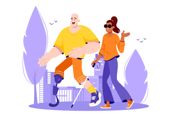 Disabled People Violet Concept With People Scene In The Flat Cartoon Design People With Different Disabilities Decided To Go For A Walk Together And Have Fun Vector Illustration Illustration