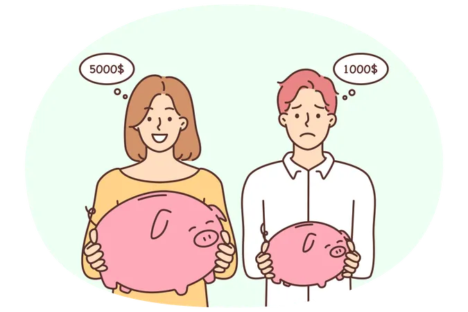 People with different size piggybanks  Illustration