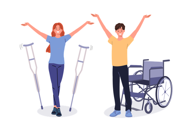 People with disabilities celebrate end of rehabilitation and stand near crutches and wheelchair  Illustration