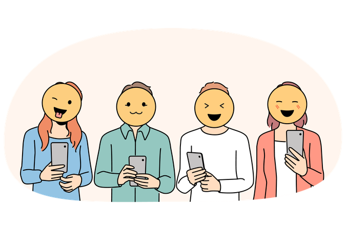 People with emojis on faces message online  Illustration