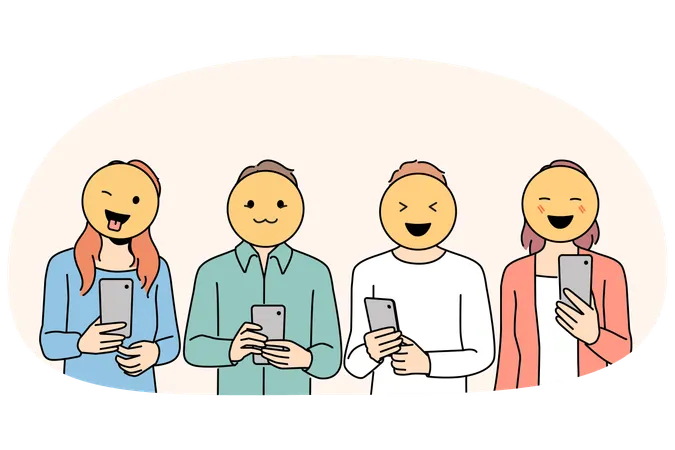People with emojis on faces message online  Illustration
