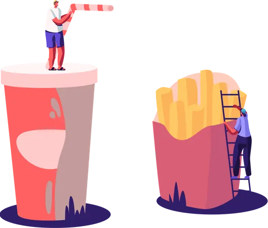 People with French Fries and Soda Drink  Illustration