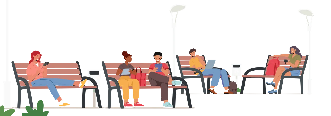 People with Gadgets on Benches in City Park. Men and Women Communicate Online with Mobile Devices. Social Networks Illustration