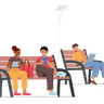 people with gadgets on benches illustration