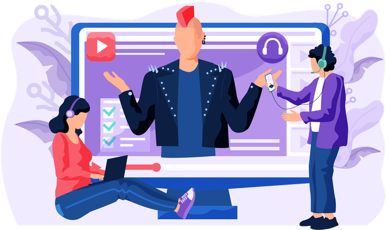 People with headphones listening to music and watching videos  Illustration