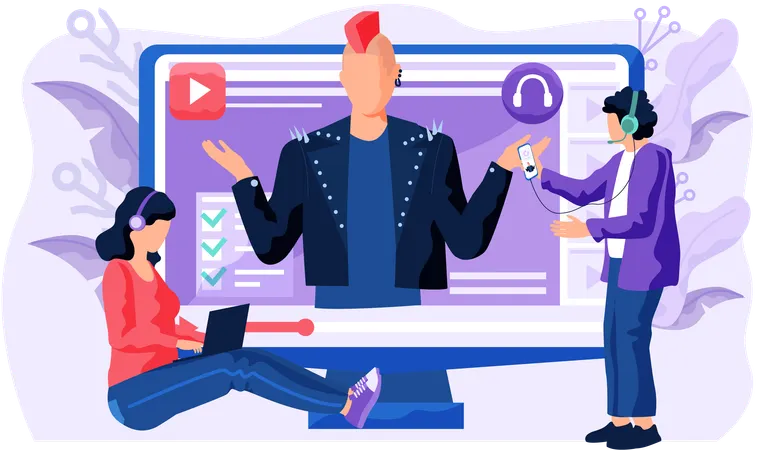 People with headphones listening to music and watching videos  Illustration