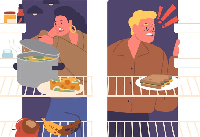 People with Hungry Eyes Scan The Refrigerator  Illustration