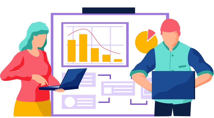 People with laptops work with statistical data analysis  Illustration