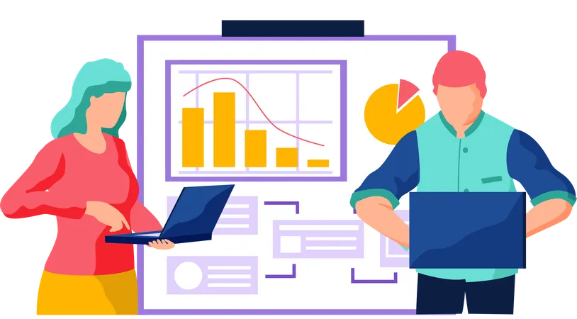 People with laptops work with statistical data analysis  Illustration