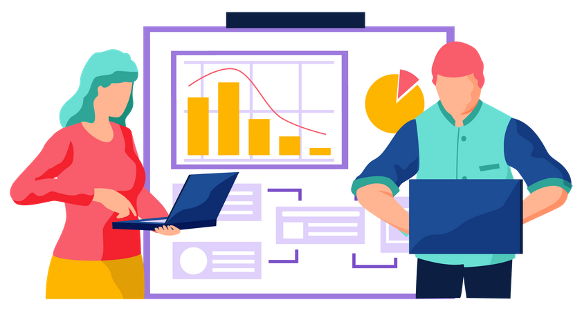 People with laptops work with statistical data analysis  Illustration