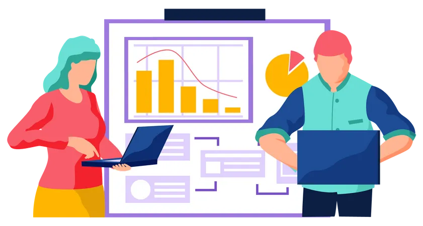 People with laptops work with statistical data analysis  Illustration