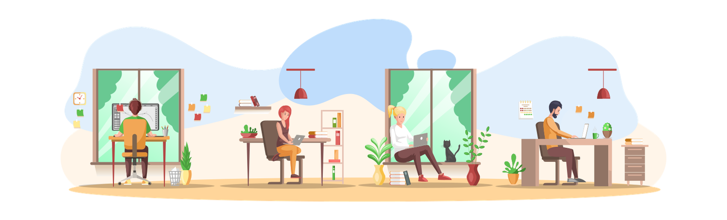 People With Laptops Working From Home  Illustration