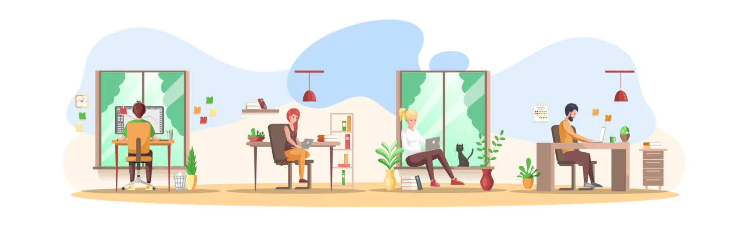 People With Laptops Working From Home  Illustration