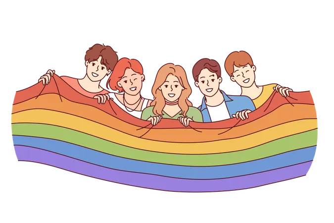People With LGBT Flag Celebrating Pride Month Or Participating In Gay And Lesbian Festival Guys And Girls Wave LGBT Flags Calling On Others To Join Queer Community To Fight For Gender Equality Illustration