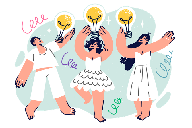People with light bulbs are dancing  イラスト