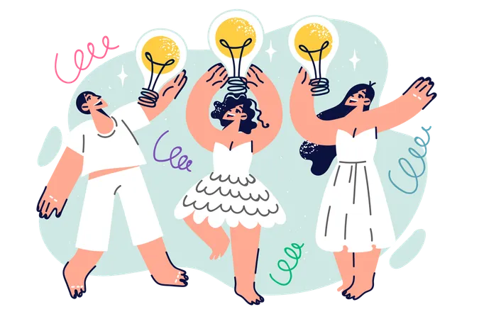 People With Light Bulbs Dance Rejoicing At Emergence Of Ideas After Joint Brainstorming Session Using Innovative Technique Group Happy Creative Two Women And Man After Making Plan And Brainstorming イラスト
