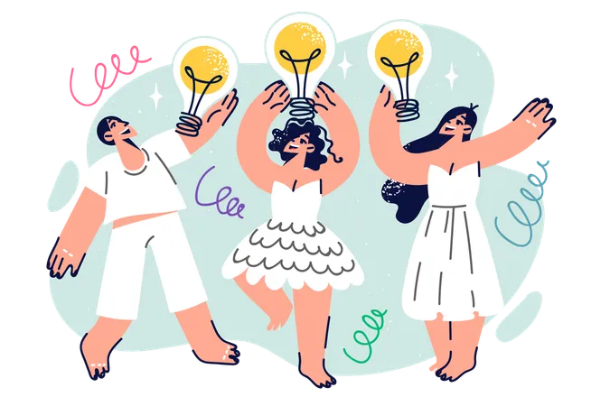 People with light bulbs are dancing  Illustration