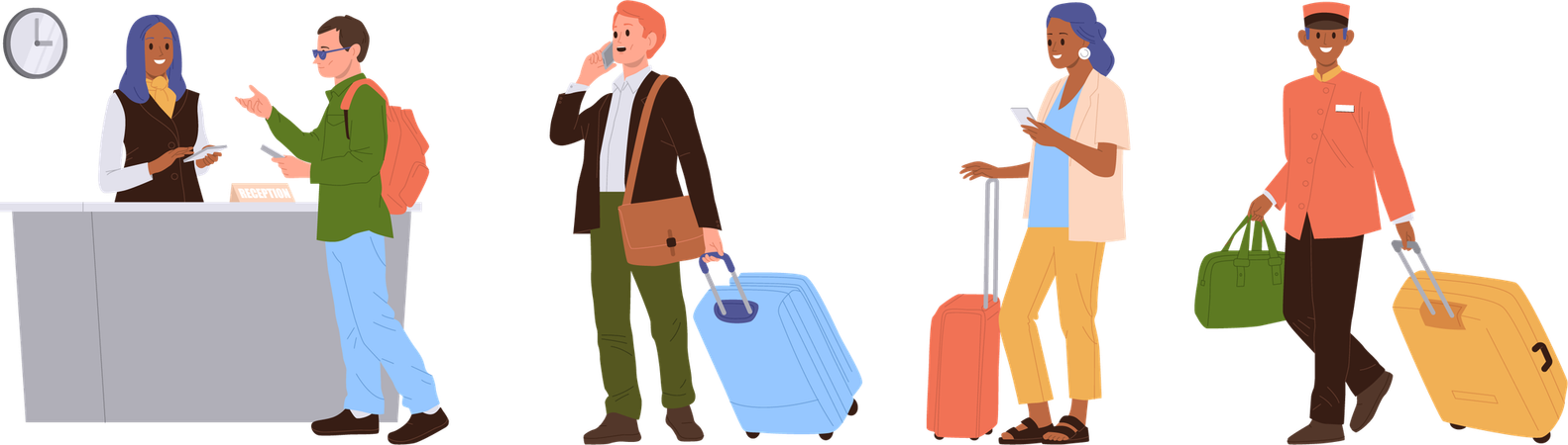 People with luggage suitcase in queue at reception  Illustration