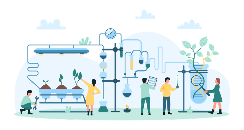 People with magnifying glass growing plants in research laboratory  Illustration