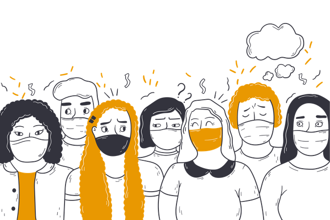 People with multiple moods standing in group wearing mask  Illustration